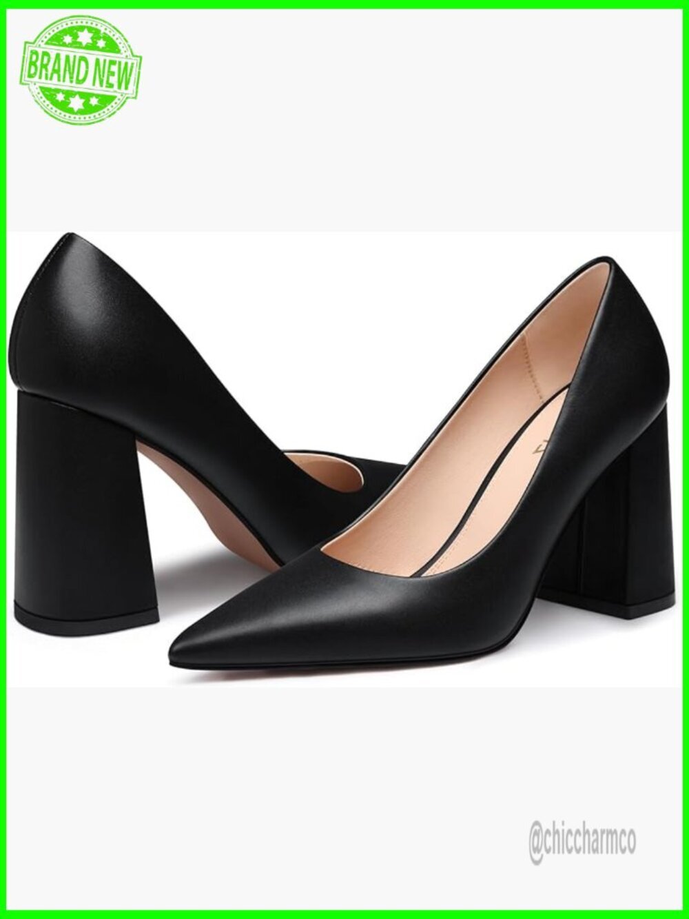 Chunky Block Heel Pumps Pointed Toe 3.7 Inch Dress Heels for Women